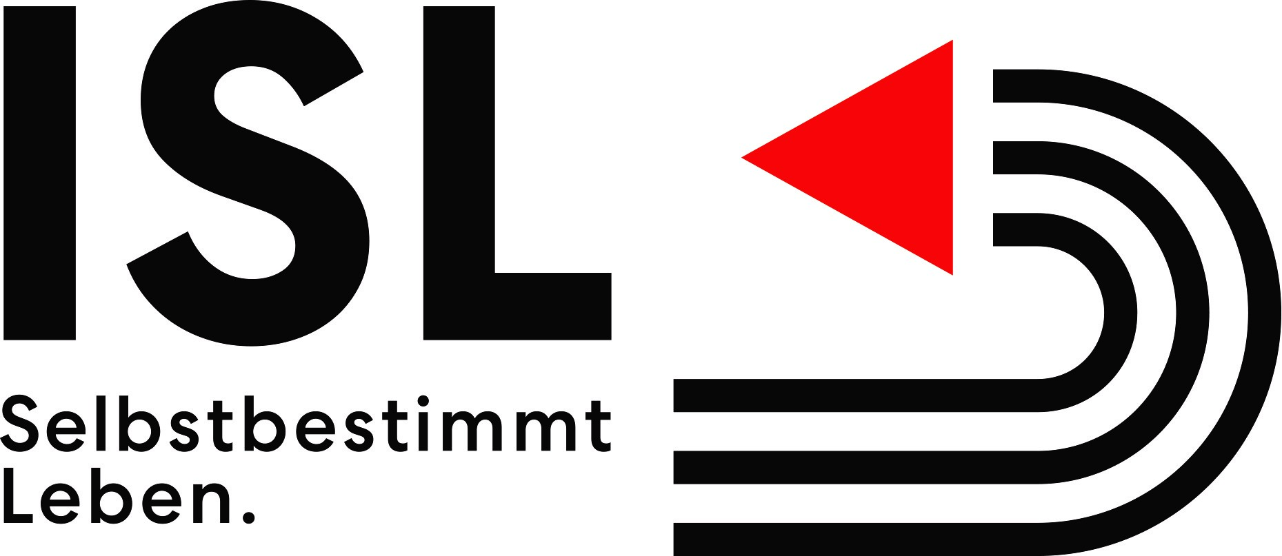 Logo ISL Selbstbestimmt Leben Drei gebogene schwarze Striche mit rotem Dreieck