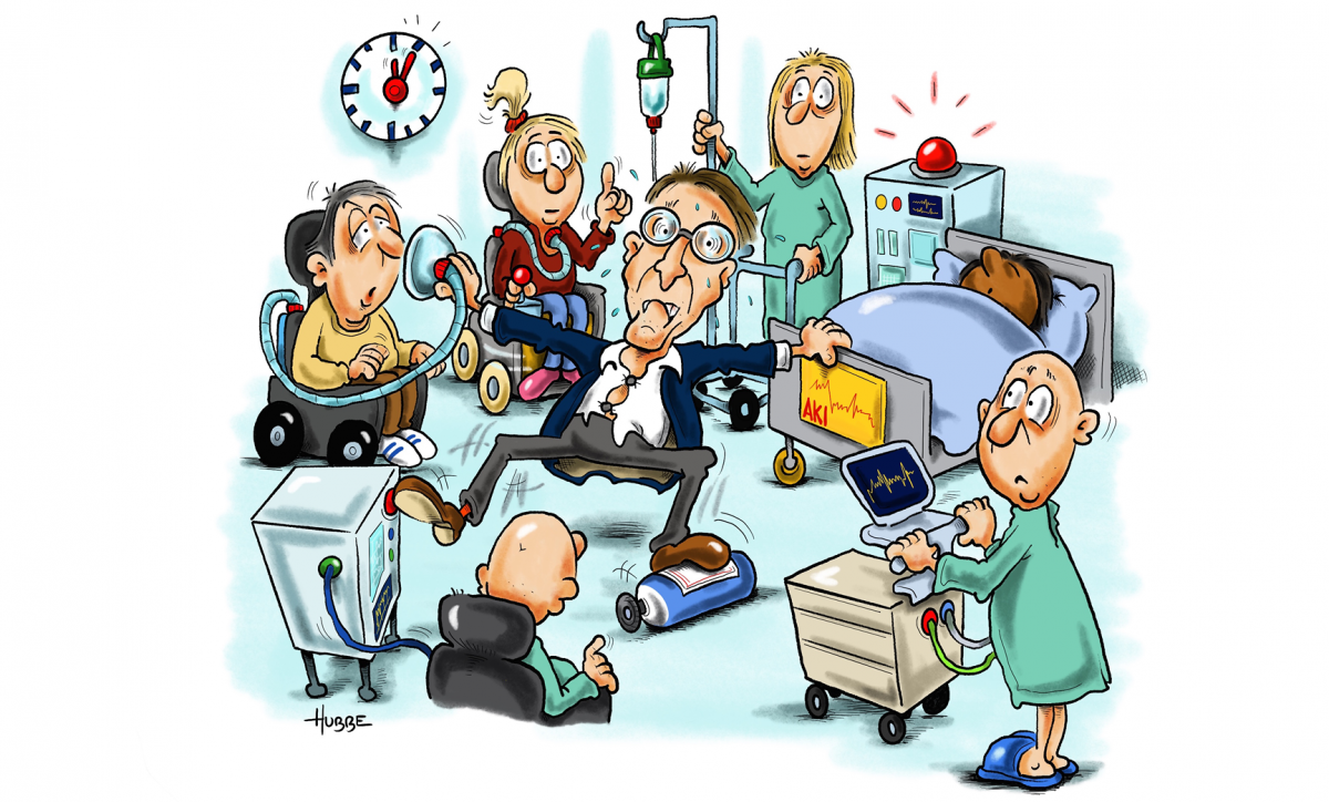 „Außerklinische Intensivpflege – es ist fünf nach 12“ In den selbst gemalten Cartoon ist mittig Bundesgesundheitsminister Karl Lauterbach zu sehen, um ihn herum sechs unterschiedliche Patient*innen jeden Alters, teils im Rollstuhl, teils im Bett liegend, teils mit Rollator, am Tropf und Beatmung oder fehlender Beatmung. Die Uhr an der Wand schlägt fünf nach 12. Karl Lauterbach steht sichtlich unter Stress, allen Bedarfen und Alarmen im Bild gerecht zu werden. Er schwitzt und strauchelt, reicht Beatmung an, drückt mit dem rechten Fuß Knöpfe am Monitor, balanciert mit den linken Bein auf einer Sauerstoffflasche, hält sich mit den linken Arm am Fußende eines Pflegebettes fest, an dem schon der Alarm blinkt und die Vitalkurve „AKI“ rapide nach unten geht.