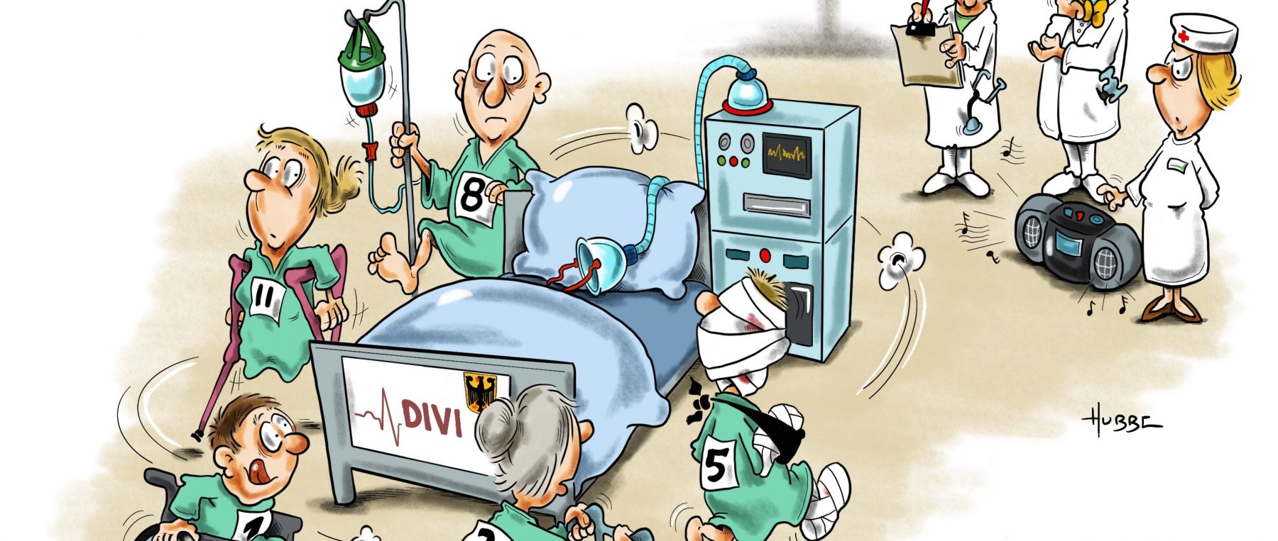 Bildbeschreibung Das Bild zeigt eine Karikatur von Phil Hubbe, die das Thema Triage aufgreift. In der Mitte des Bildes ist ein leerstehendes Intensivbett gezeichnet, auf dem Kissen hängt eine Sauerstoffmaske, rechts daneben stehen Überwachungsmonitore. Am Fußende des Bettes ist ein Schild mit der Aufschrift